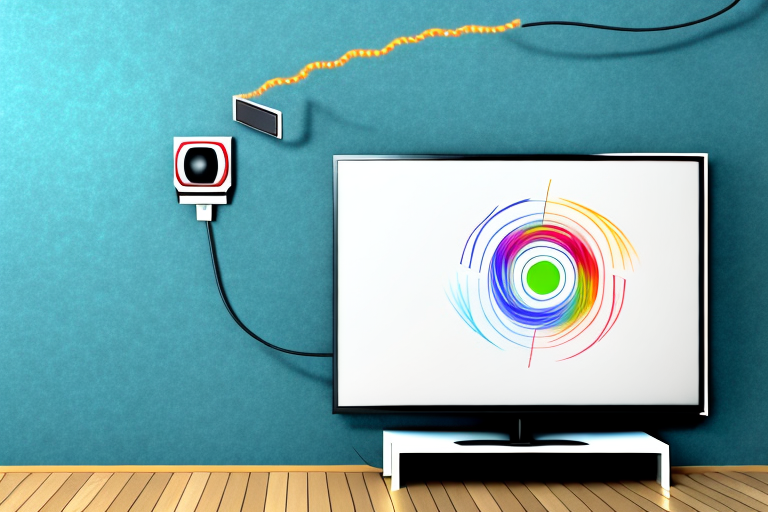 A wall-mounted tv with an extension cord running from the back