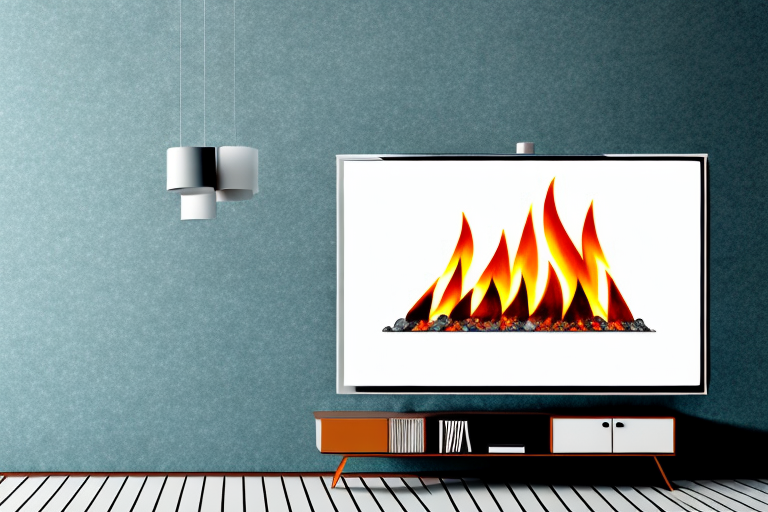 A wall-mounted television with a fire burning in the background
