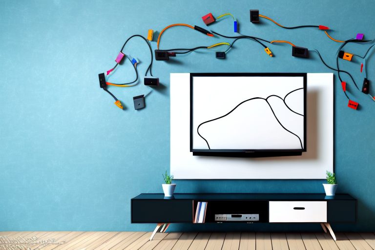 A wall-mounted tv with cables neatly organized and connected