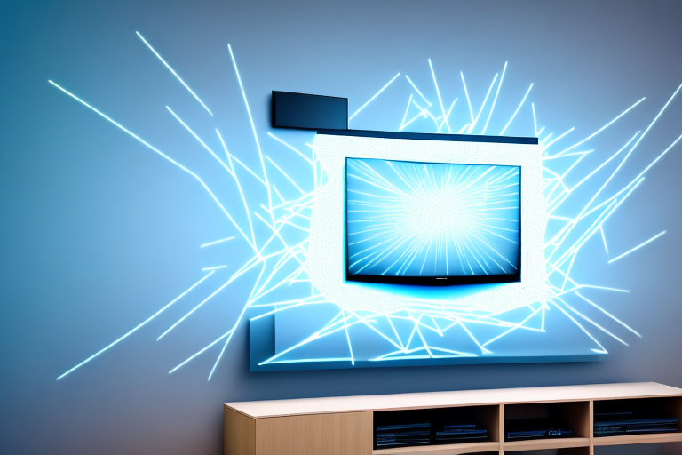 A tv mounted on a wall with led strips behind it