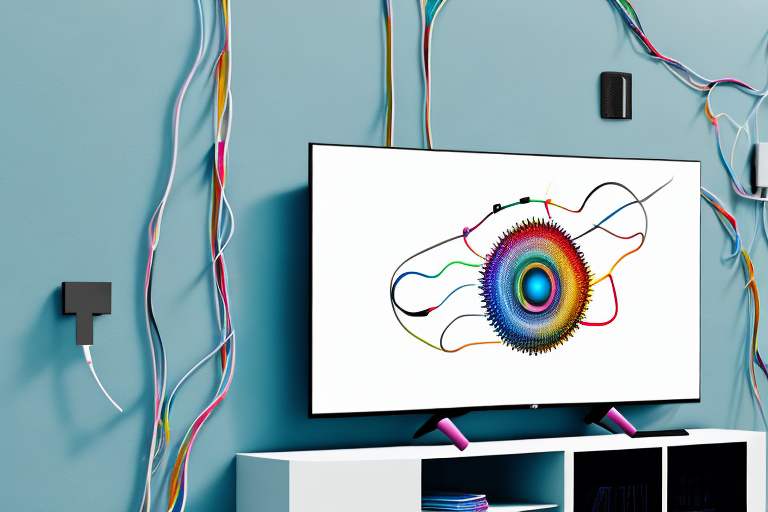A wall-mounted lg smart tv with all the necessary cables and components