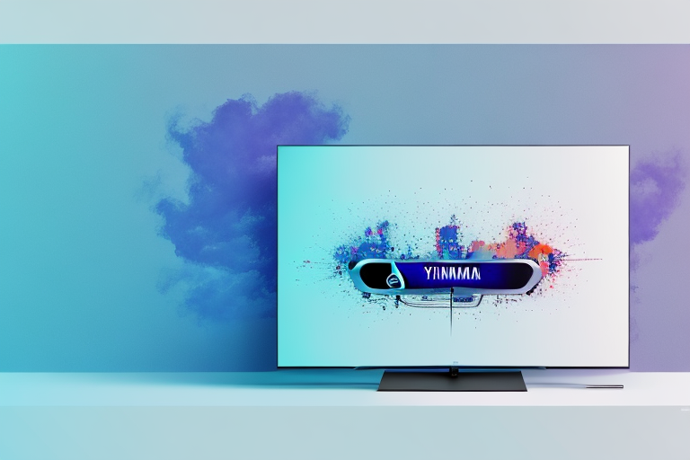 A yamaha yht-4950u 4k soundbar with a tv in the background